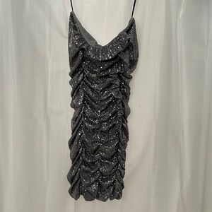 Silver, sparkly/sequin, strapless, ruched Forever 21 mini dress